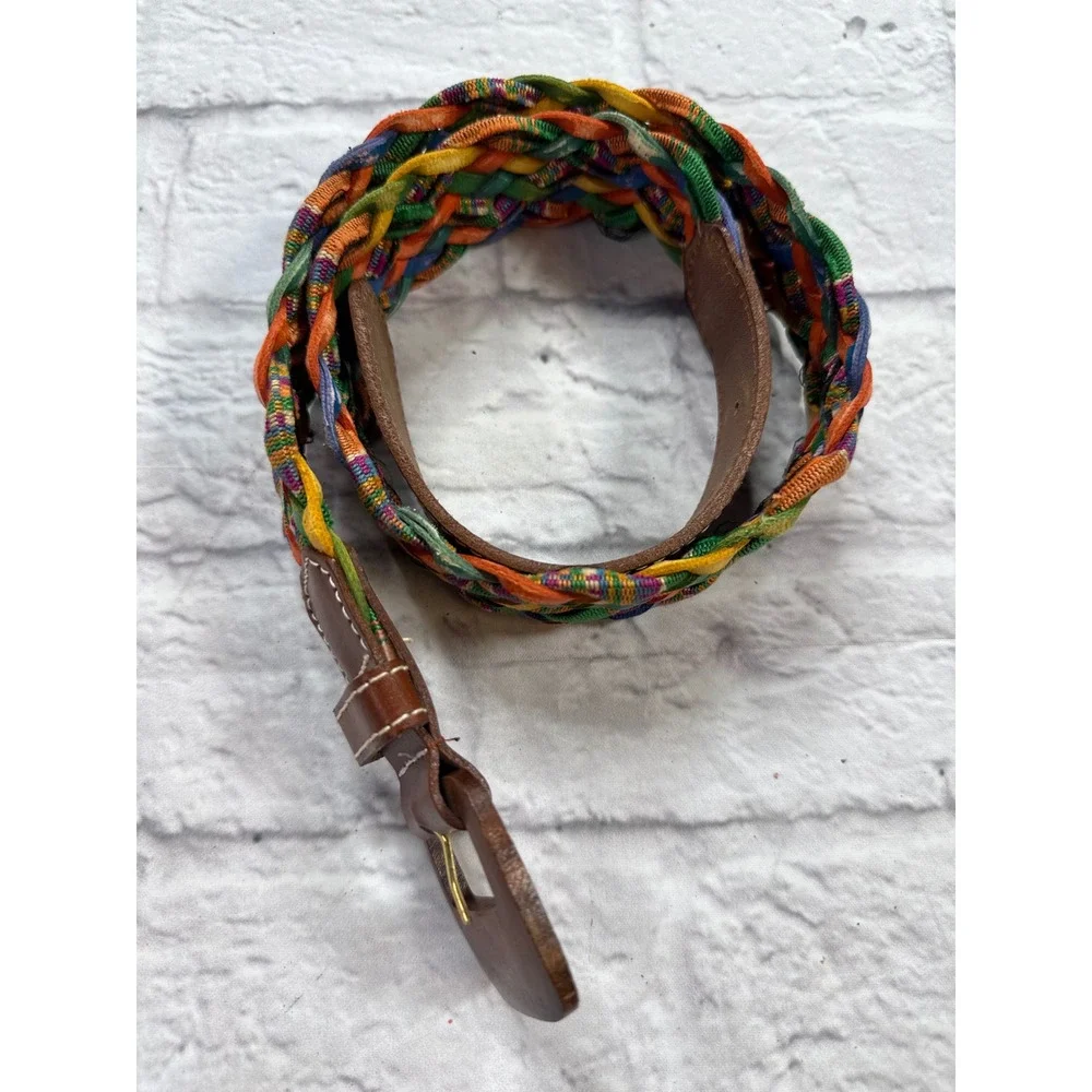 Express Braided Belt Womens Medium Multi Color Leather Wood Buckle Italy